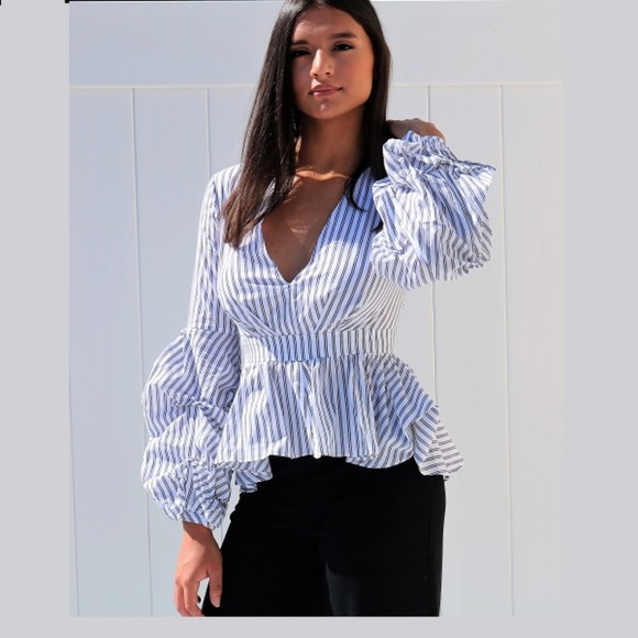 Tops - RUFFLE SLEEVE PINSTRIPE BLOUSE